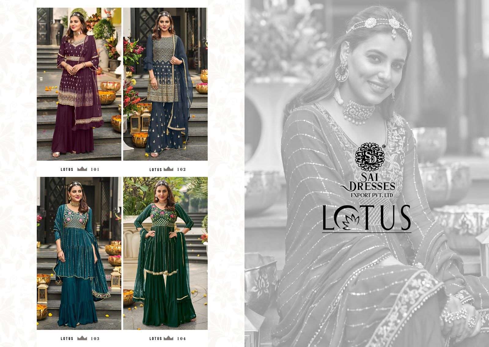 SAI DRESSES PRESENT LOTUS READYMADE SHARARA STYLE PARTY WEAR DESIGNER SUITS IN WHOLESALE RATE IN SURAT