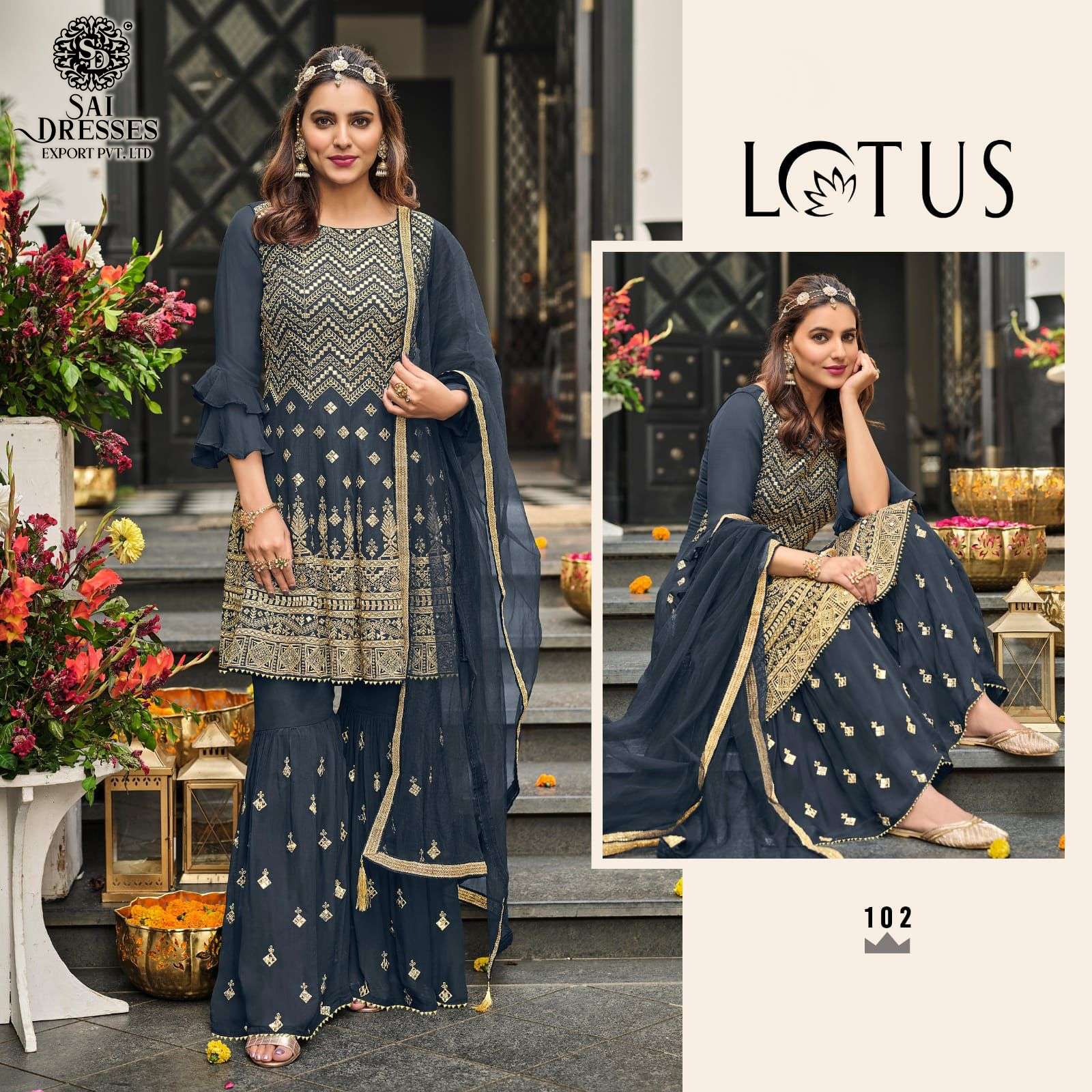 SAI DRESSES PRESENT LOTUS READYMADE SHARARA STYLE PARTY WEAR DESIGNER SUITS IN WHOLESALE RATE IN SURAT