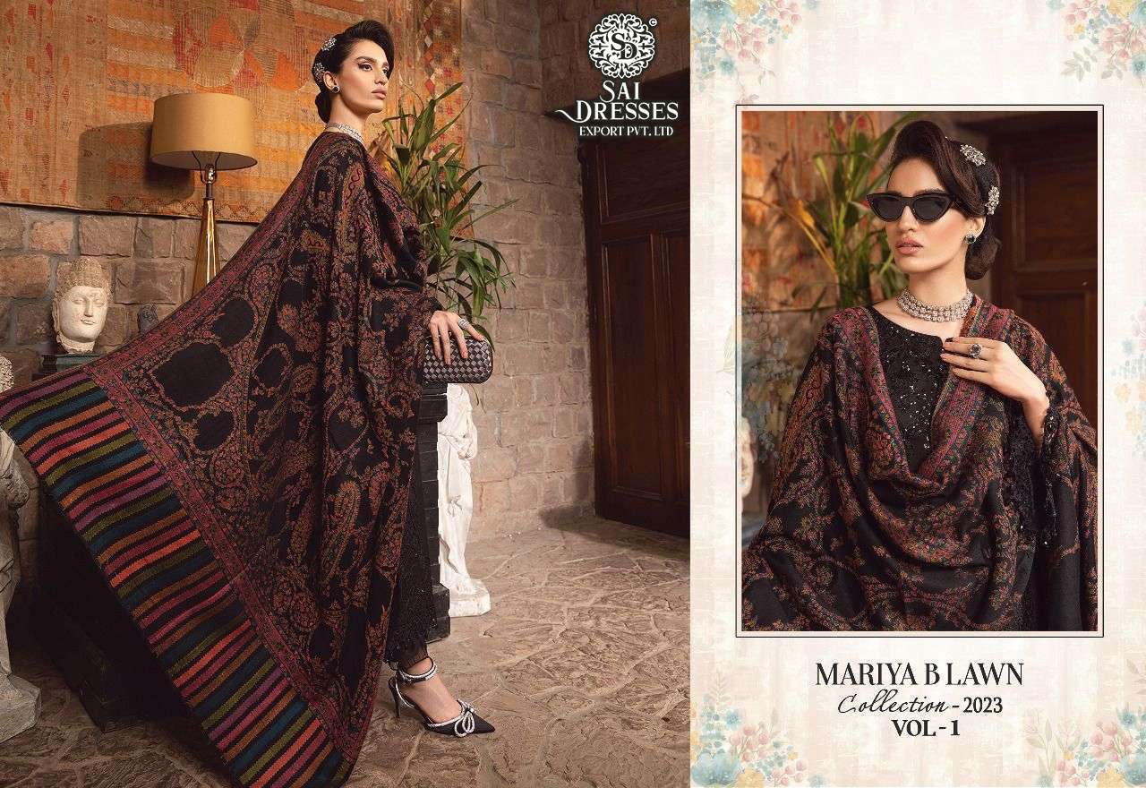 SAI DRESSES PRESENT MARIYA B LAWN COLLECTION - 2023 VOL 1 PURE COTTON PAKISTANI DESIGNER SUITS IN WHOLESALE RATE IN SURAT 