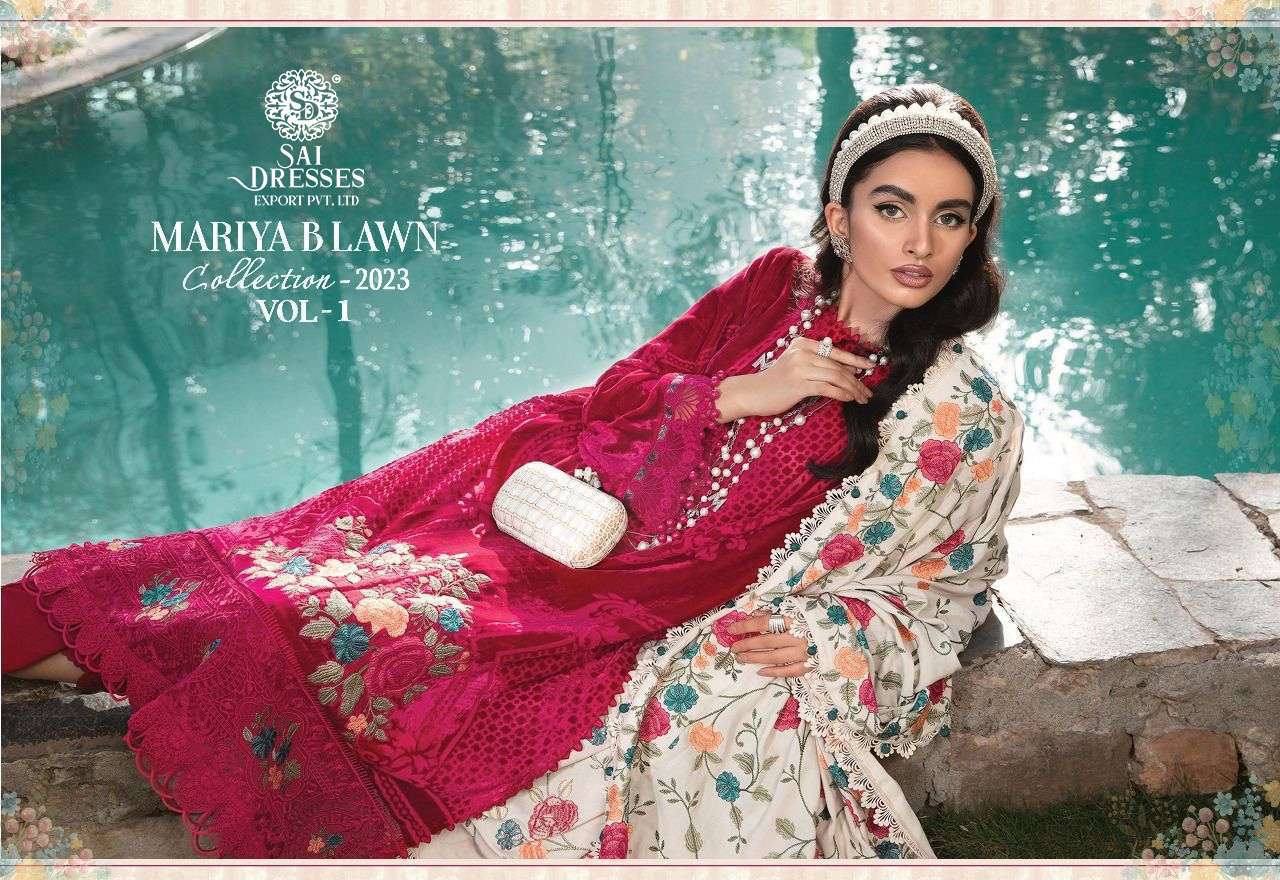 SAI DRESSES PRESENT MARIYA B LAWN COLLECTION - 2023 VOL 1 PURE COTTON PAKISTANI DESIGNER SUITS IN WHOLESALE RATE IN SURAT 