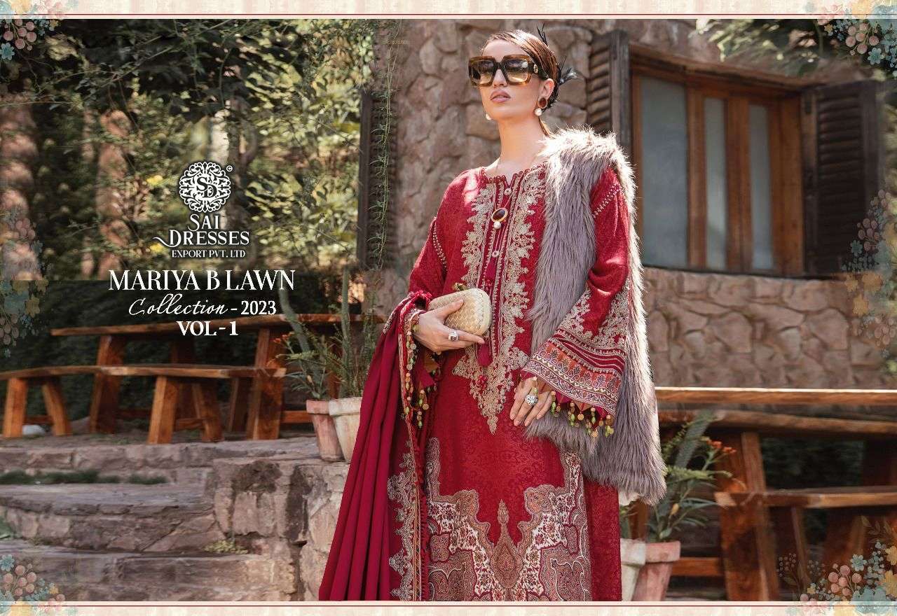 SAI DRESSES PRESENT MARIYA B LAWN COLLECTION - 2023 VOL 1 PURE COTTON PAKISTANI DESIGNER SUITS IN WHOLESALE RATE IN SURAT 