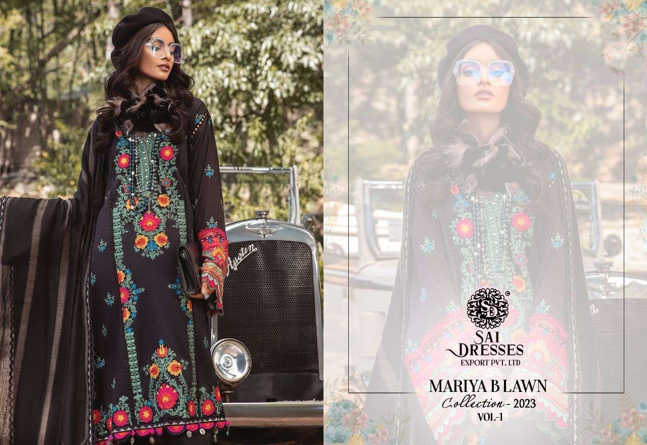 SAI DRESSES PRESENT MARIYA B LAWN COLLECTION - 2023 VOL 1 PURE COTTON PAKISTANI DESIGNER SUITS IN WHOLESALE RATE IN SURAT 