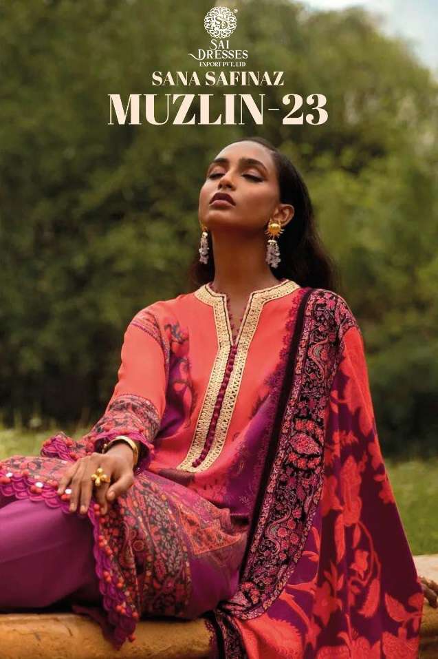 SAI DRESSES PRESENT SANA SAFINAZ MUZLIN 23 EMBROIDERY PAKISTANI SUITS COLLECTION IN WHOLESALE RATE IN SURAT 