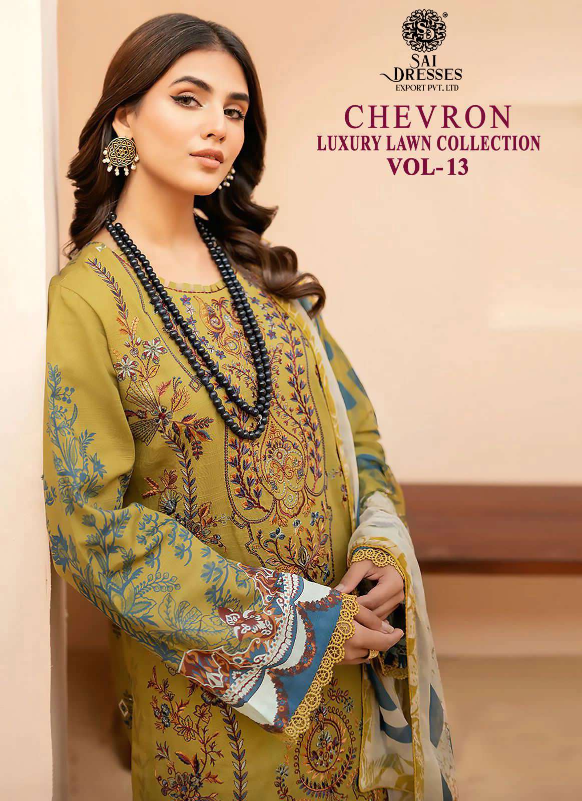 SAI DRESSES PRESENT CHEVRON LUXURY LAWN COLLECTION VOL 13 PURE LAWN COTTON SELF EMBROIDERED PAKISTANI DESIGNER SUITS IN WHOLESALE RATE IN SURAT