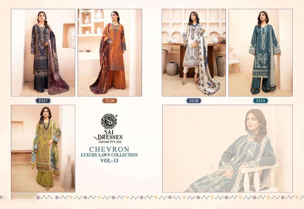 SAI DRESSES PRESENT CHEVRON LUXURY LAWN COLLECTION VOL 13 PURE LAWN COTTON SELF EMBROIDERED PAKISTANI DESIGNER SUITS IN WHOLESALE RATE IN SURAT