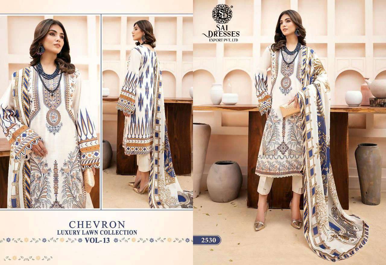 SAI DRESSES PRESENT CHEVRON LUXURY LAWN COLLECTION VOL 13 PURE LAWN COTTON SELF EMBROIDERED PAKISTANI DESIGNER SUITS IN WHOLESALE RATE IN SURAT