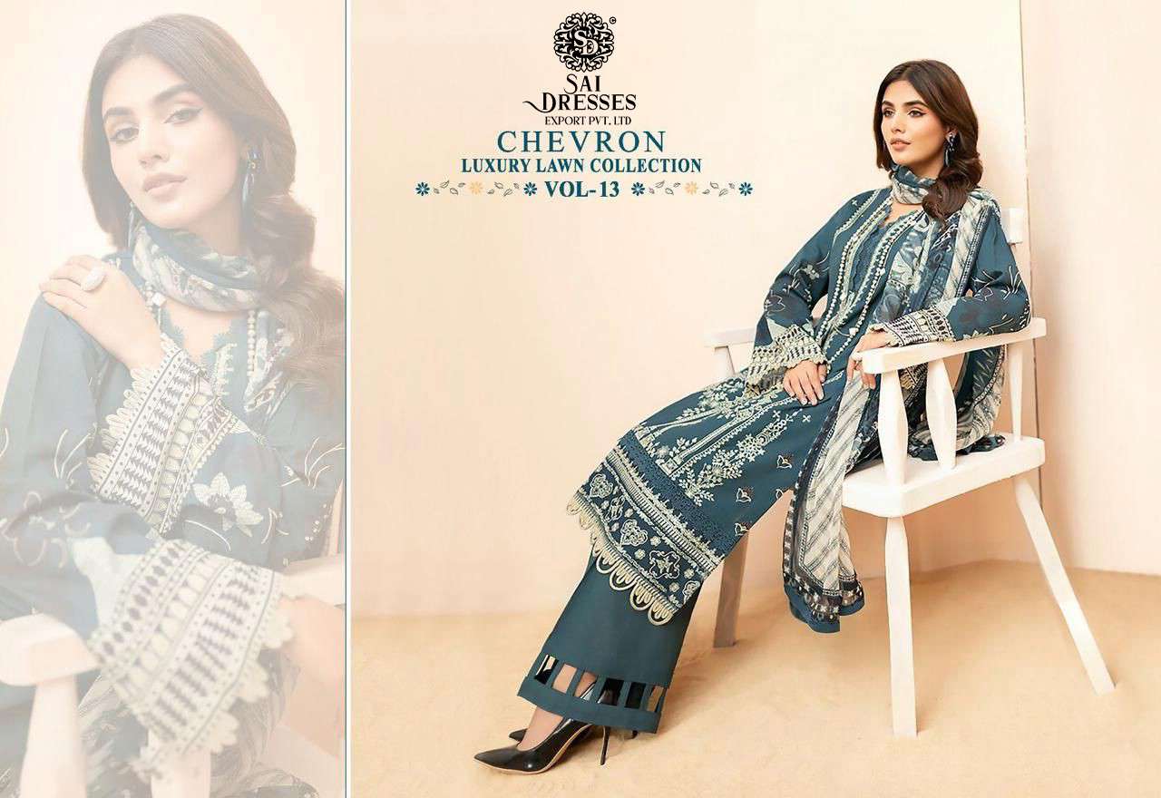 SAI DRESSES PRESENT CHEVRON LUXURY LAWN COLLECTION VOL 13 PURE LAWN COTTON SELF EMBROIDERED PAKISTANI DESIGNER SUITS IN WHOLESALE RATE IN SURAT