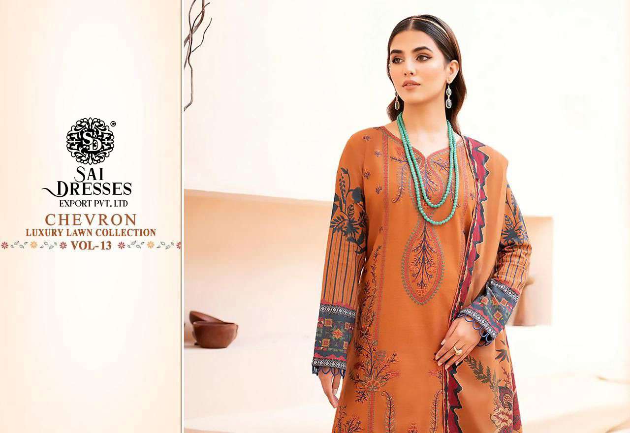 SAI DRESSES PRESENT CHEVRON LUXURY LAWN COLLECTION VOL 13 PURE LAWN COTTON SELF EMBROIDERED PAKISTANI DESIGNER SUITS IN WHOLESALE RATE IN SURAT