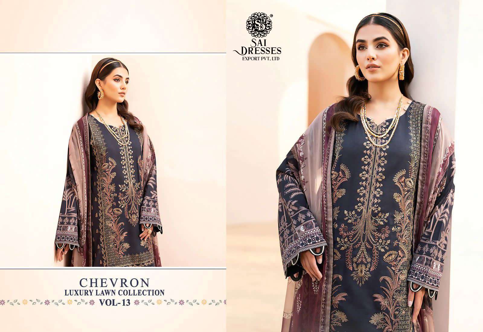SAI DRESSES PRESENT CHEVRON LUXURY LAWN COLLECTION VOL 13 PURE LAWN COTTON SELF EMBROIDERED PAKISTANI DESIGNER SUITS IN WHOLESALE RATE IN SURAT
