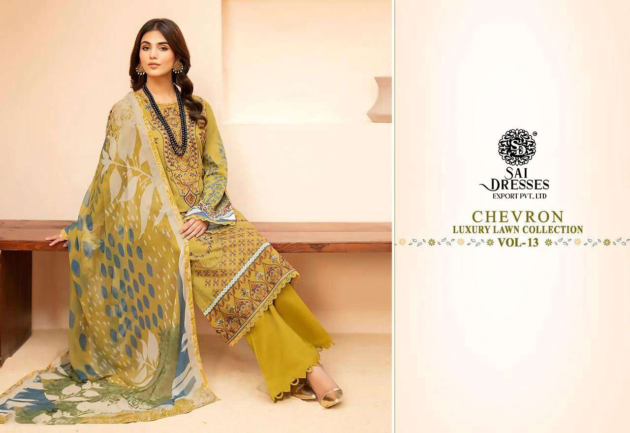 SAI DRESSES PRESENT CHEVRON LUXURY LAWN COLLECTION VOL 13 PURE LAWN COTTON SELF EMBROIDERED PAKISTANI DESIGNER SUITS IN WHOLESALE RATE IN SURAT