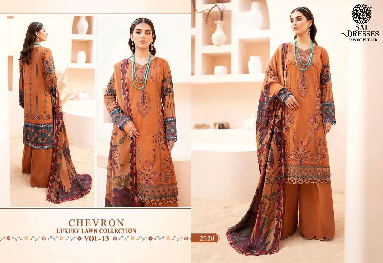 SAI DRESSES PRESENT CHEVRON LUXURY LAWN COLLECTION VOL 13 PURE LAWN COTTON SELF EMBROIDERED PAKISTANI DESIGNER SUITS IN WHOLESALE RATE IN SURAT