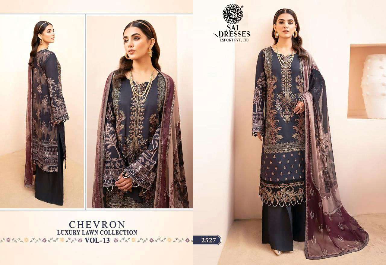 SAI DRESSES PRESENT CHEVRON LUXURY LAWN COLLECTION VOL 13 PURE LAWN COTTON SELF EMBROIDERED PAKISTANI DESIGNER SUITS IN WHOLESALE RATE IN SURAT