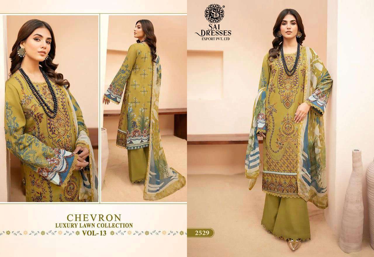SAI DRESSES PRESENT CHEVRON LUXURY LAWN COLLECTION VOL 13 PURE LAWN COTTON SELF EMBROIDERED PAKISTANI DESIGNER SUITS IN WHOLESALE RATE IN SURAT