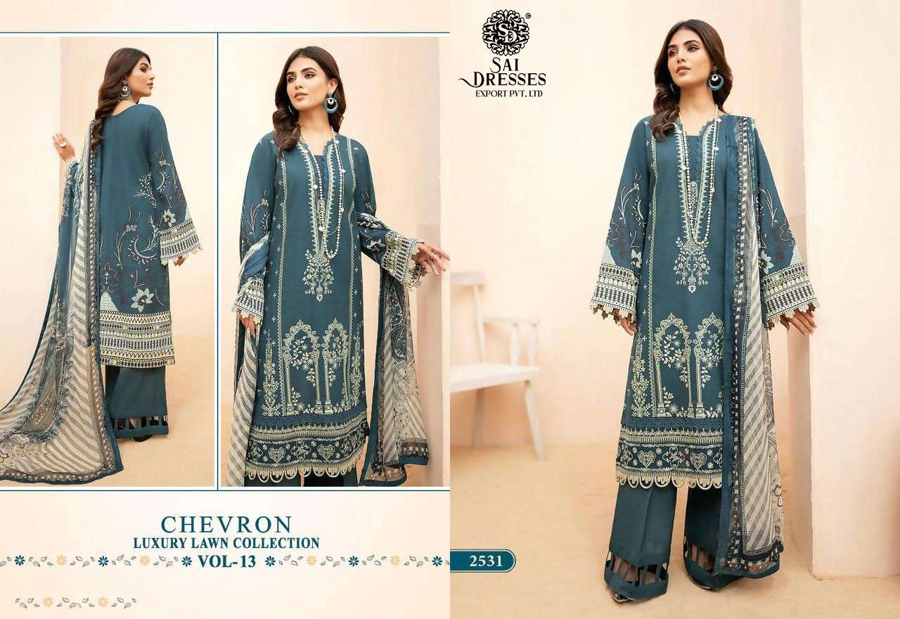 SAI DRESSES PRESENT CHEVRON LUXURY LAWN COLLECTION VOL 13 PURE LAWN COTTON SELF EMBROIDERED PAKISTANI DESIGNER SUITS IN WHOLESALE RATE IN SURAT