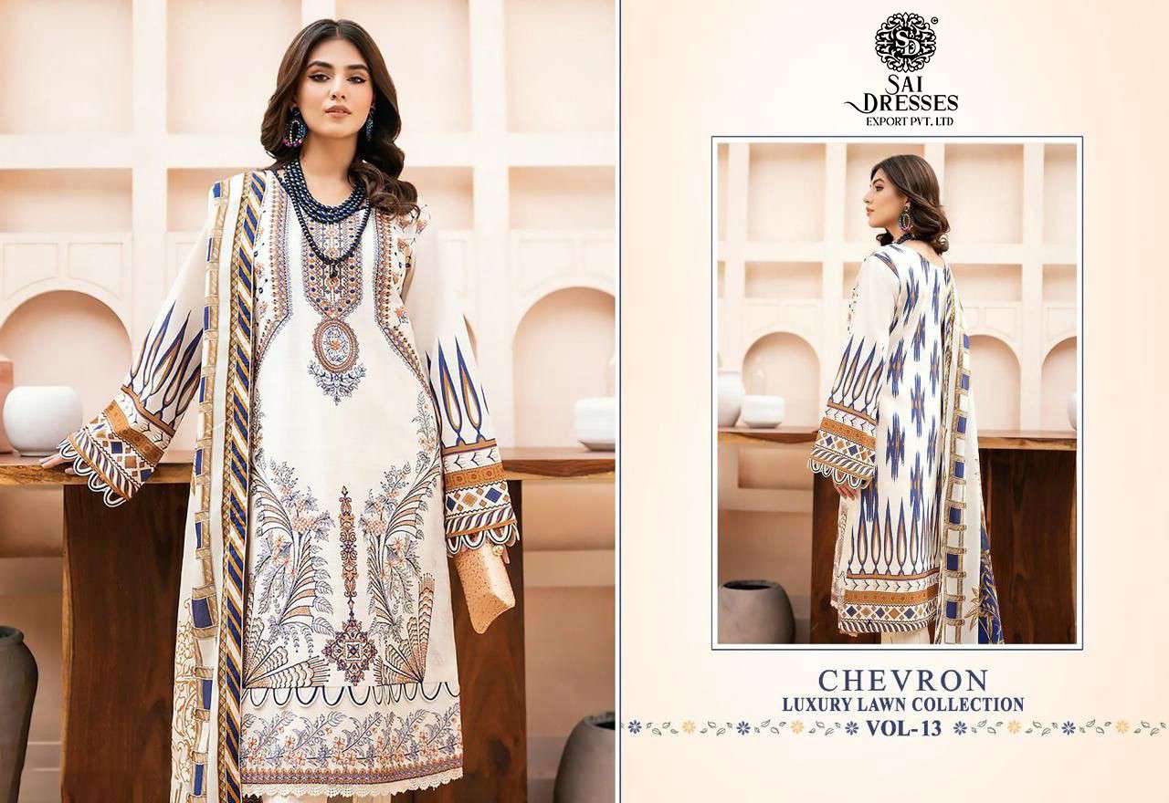 SAI DRESSES PRESENT CHEVRON LUXURY LAWN COLLECTION VOL 13 PURE LAWN COTTON SELF EMBROIDERED PAKISTANI DESIGNER SUITS IN WHOLESALE RATE IN SURAT
