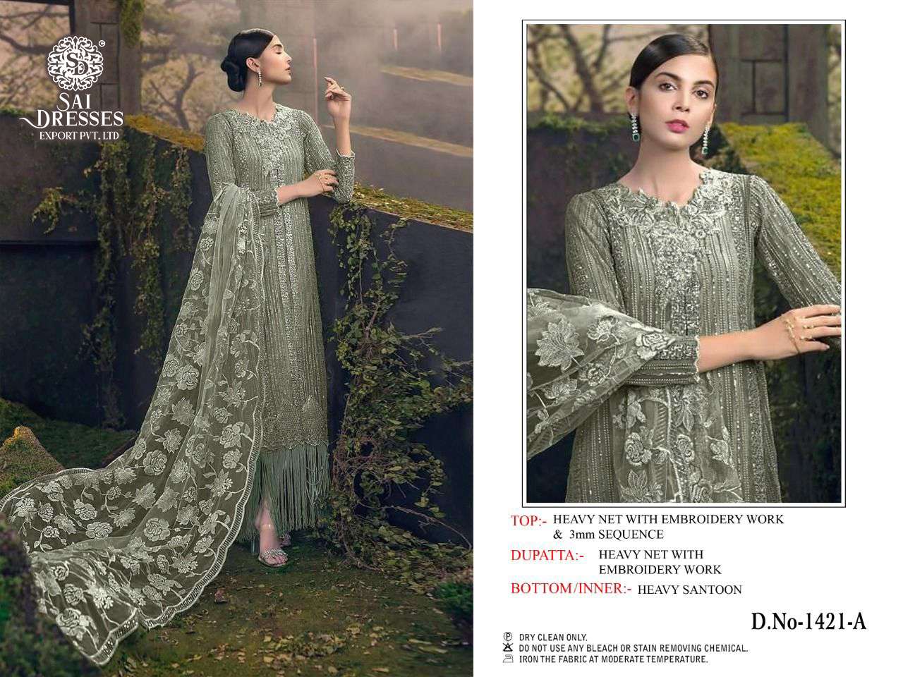 SAI DRESSES PRESENT D.NO 1421 A TO 1421 D FESTIVE WEAR EMBROIDERED PAKISTANI DESIGNER SUITS IN WHOLESALE RATE IN SURAT