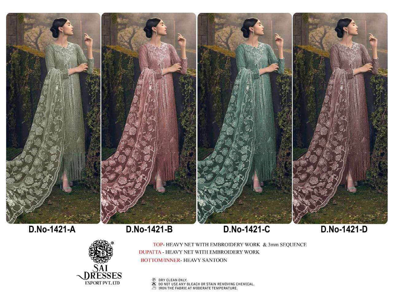 SAI DRESSES PRESENT D.NO 1421 A TO 1421 D FESTIVE WEAR EMBROIDERED PAKISTANI DESIGNER SUITS IN WHOLESALE RATE IN SURAT