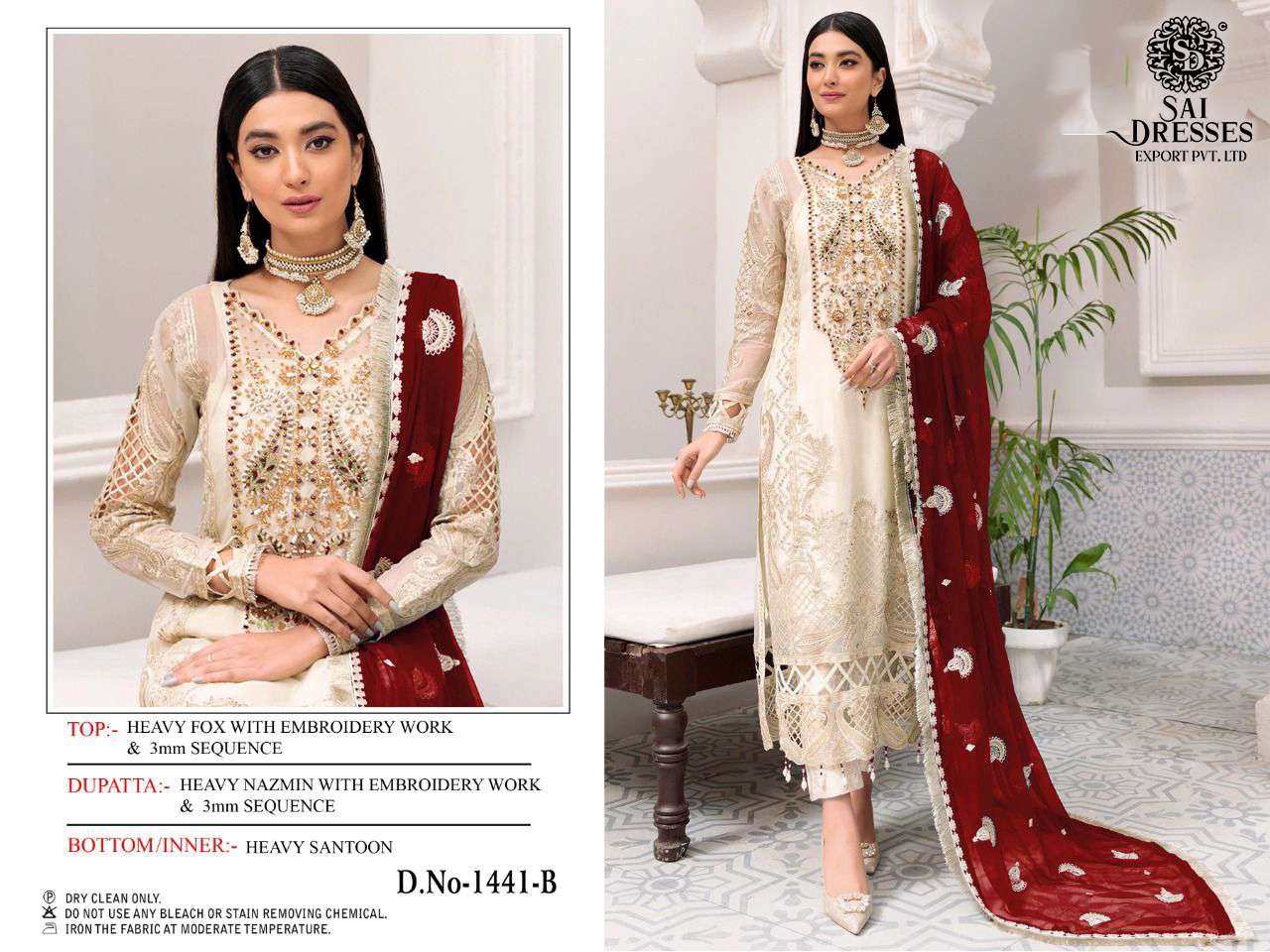 SAI DRESSES PRESENT D.NO 1441 A TO 1441 D FESTIVE WEAR EMBROIDERED PAKISTANI DESIGNER SUITS IN WHOLESALE RATE IN SURAT