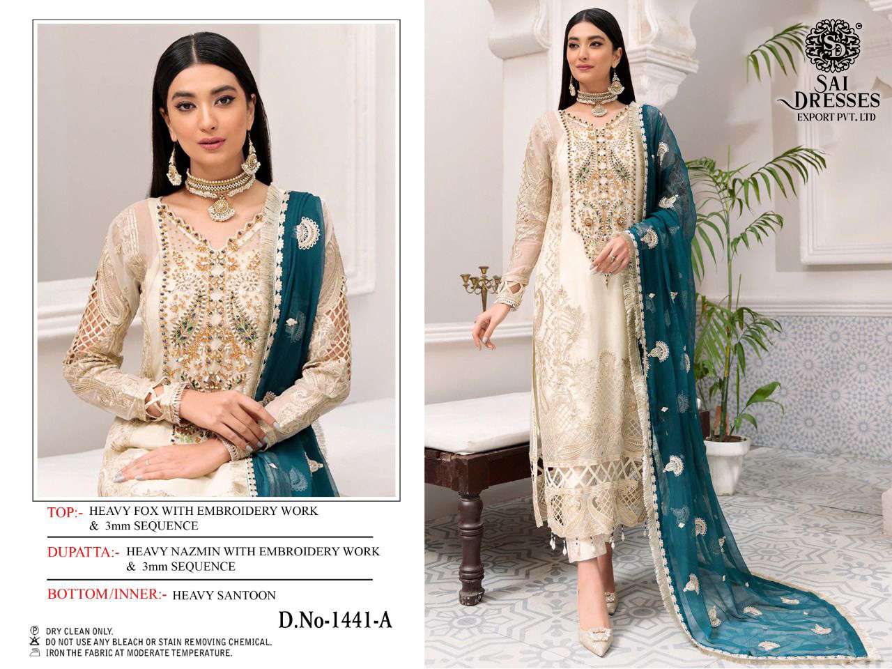 SAI DRESSES PRESENT D.NO 1441 A TO 1441 D FESTIVE WEAR EMBROIDERED PAKISTANI DESIGNER SUITS IN WHOLESALE RATE IN SURAT