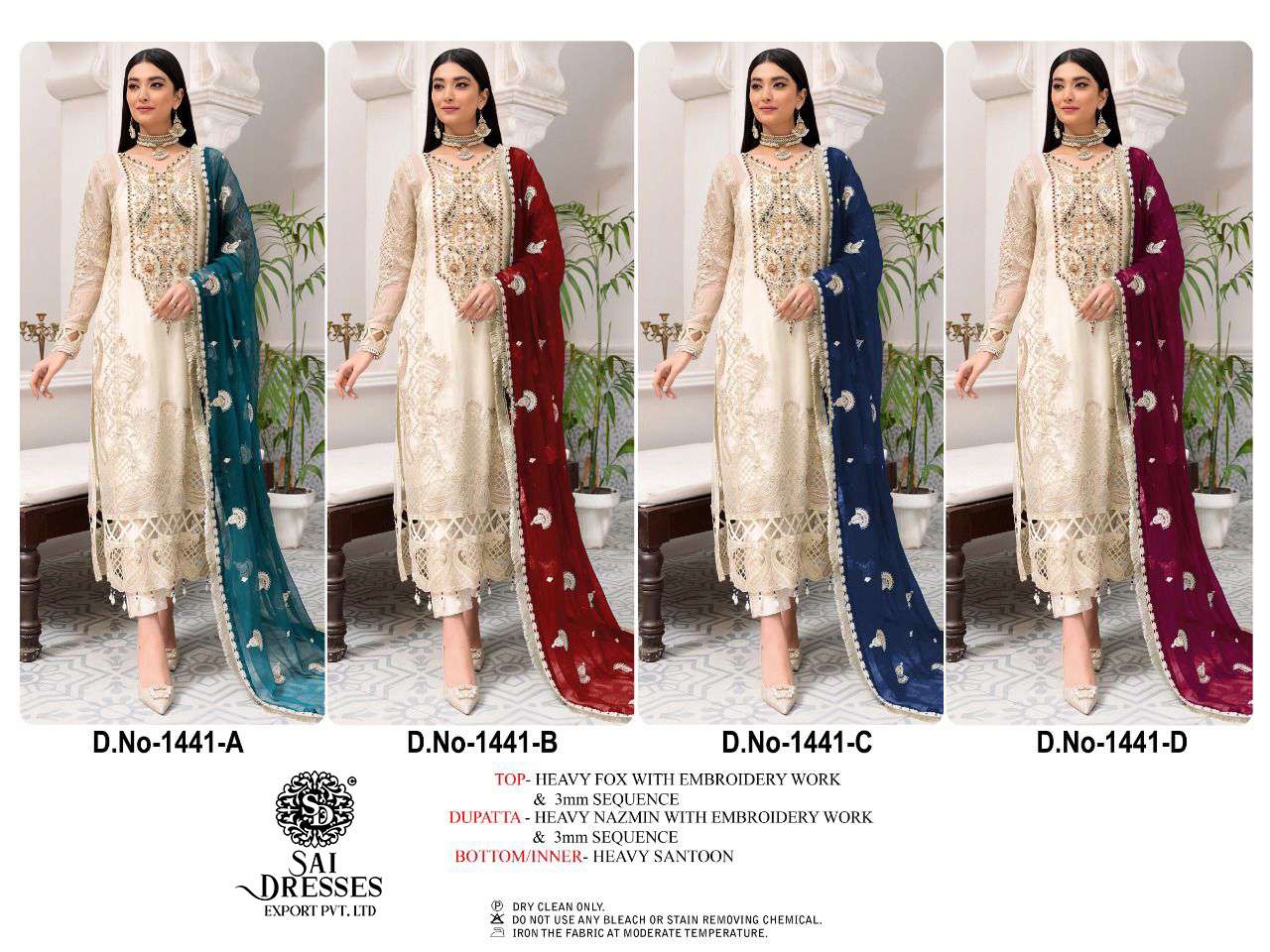 SAI DRESSES PRESENT D.NO 1441 A TO 1441 D FESTIVE WEAR EMBROIDERED PAKISTANI DESIGNER SUITS IN WHOLESALE RATE IN SURAT