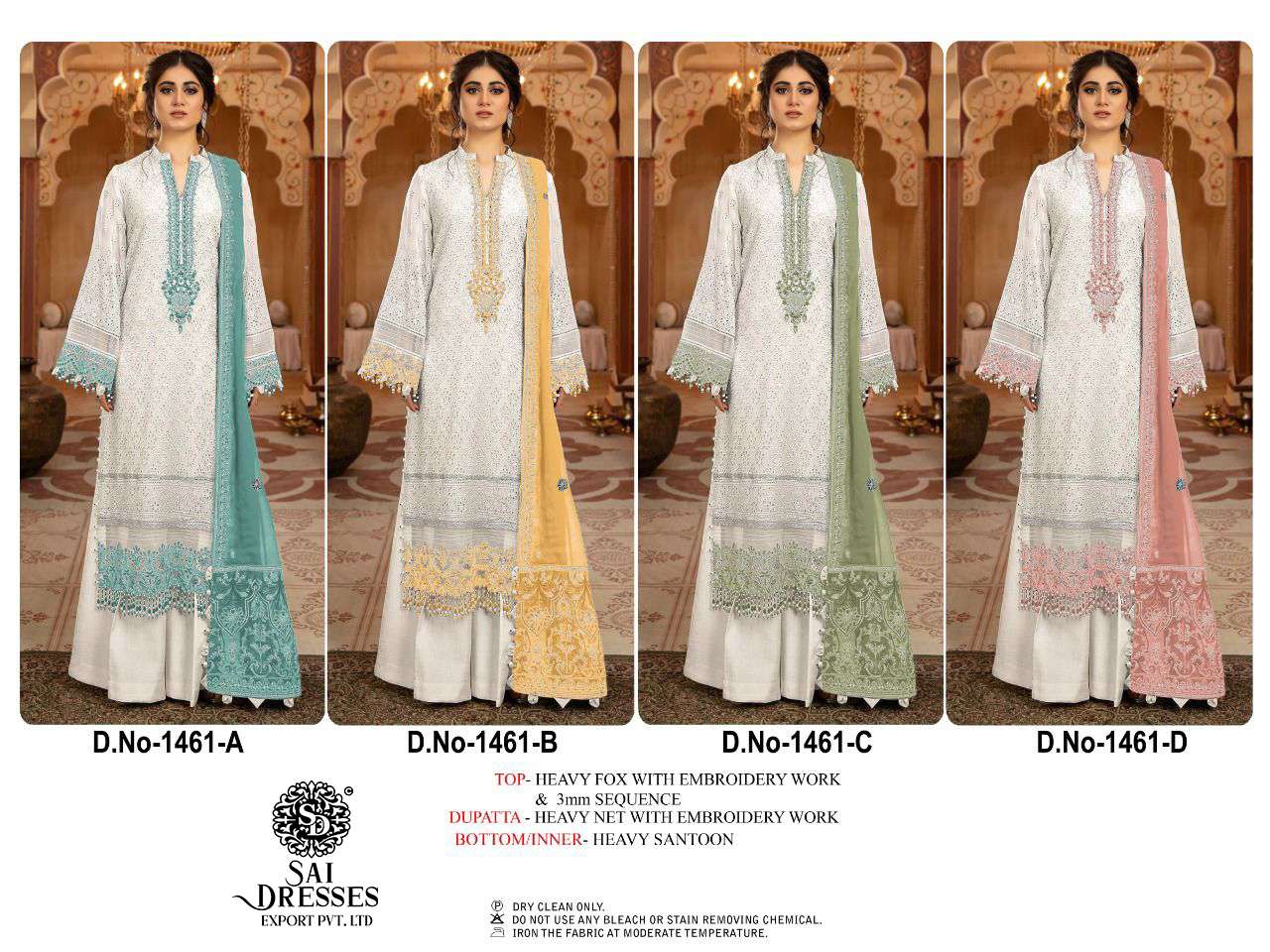 SAI DRESSES PRESENT D.NO 1461 A TO 1461 D FESTIVE WEAR EMBROIDERED PAKISTANI DESIGNER SUITS IN WHOLESALE RATE IN SURAT