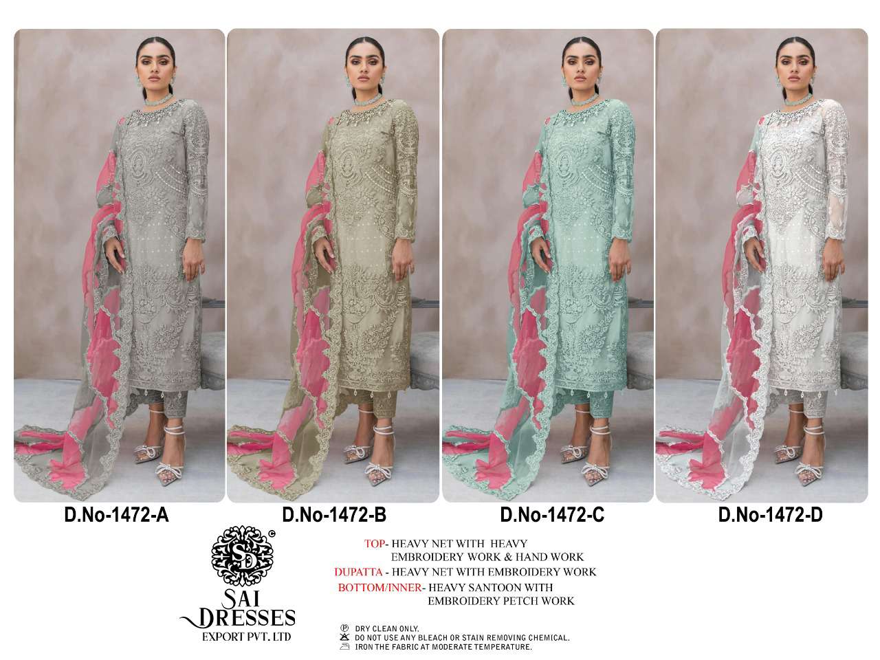 SAI DRESSES PRESENT D.NO 1472 A TO 1472 D FESTIVE WEAR EMBROIDERED PAKISTANI DESIGNER SUITS IN WHOLESALE RATE IN SURAT