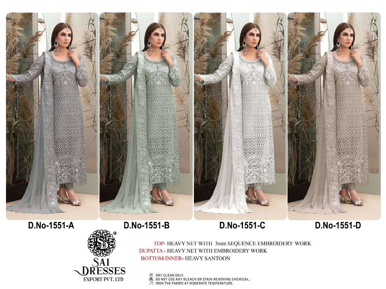 SAI DRESSES PRESENT D.NO 1551 A TO 1551 D FESTIVE WEAR EMBROIDERED PAKISTANI DESIGNER SUITS IN WHOLESALE RATE IN SURAT
