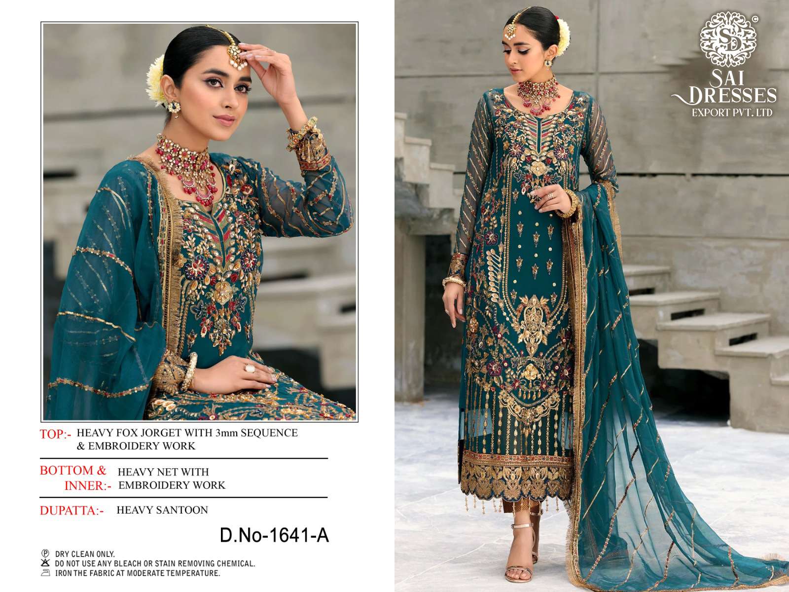 SAI DRESSES PRESENT D.NO 1641 A TO 1641 D WEDDING WEAR EMBROIDERED PAKISTANI DESIGNER SUITS IN WHOLESALE RATE IN SURAT