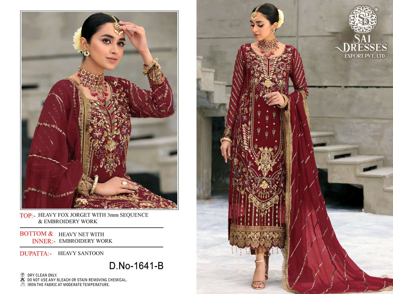 SAI DRESSES PRESENT D.NO 1641 A TO 1641 D WEDDING WEAR EMBROIDERED PAKISTANI DESIGNER SUITS IN WHOLESALE RATE IN SURAT