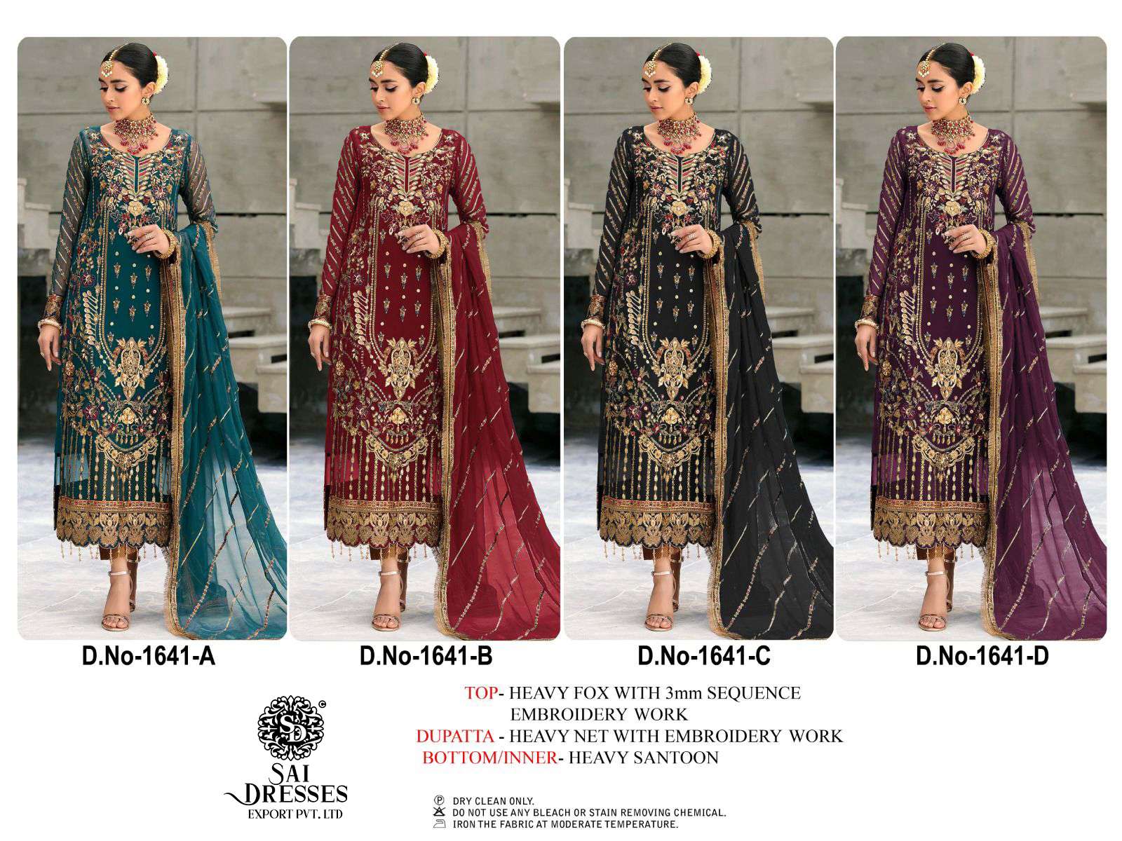 SAI DRESSES PRESENT D.NO 1641 A TO 1641 D WEDDING WEAR EMBROIDERED PAKISTANI DESIGNER SUITS IN WHOLESALE RATE IN SURAT