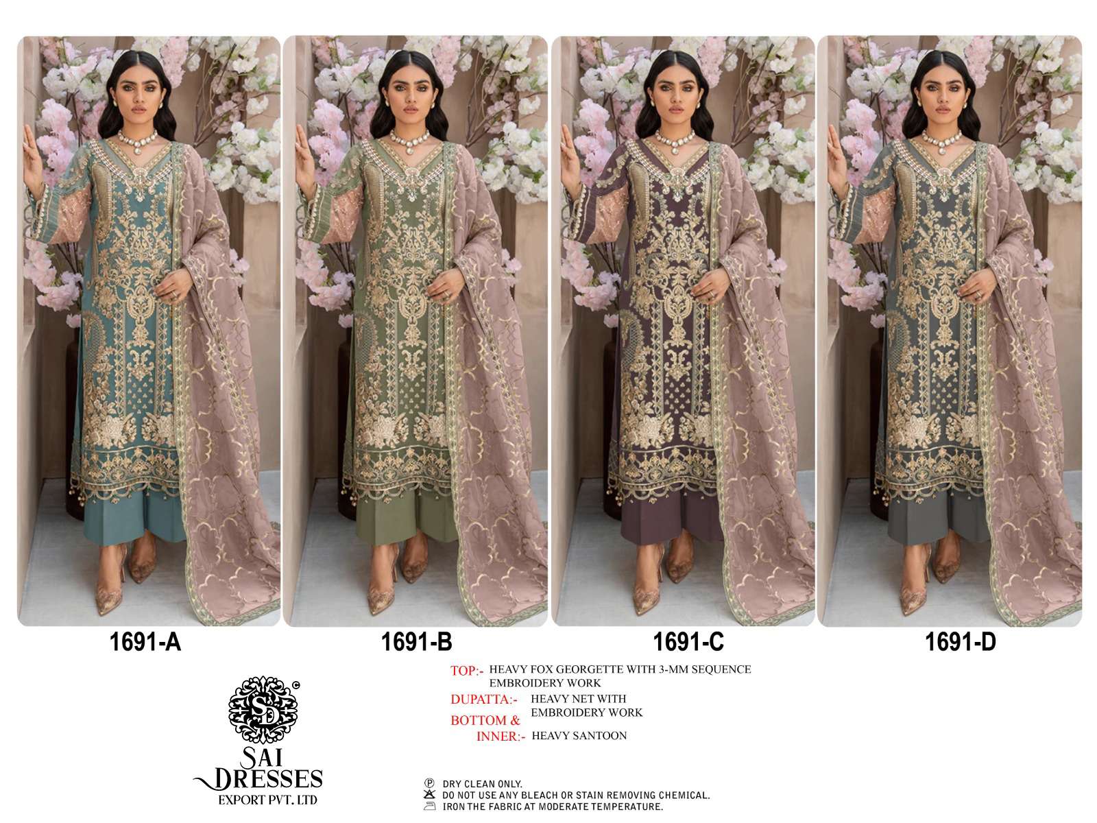 SAI DRESSES PRESENT D.NO 1691 A TO 1691 D WEDDING WEAR EMBROIDERED PAKISTANI DESIGNER SUITS IN WHOLESALE RATE IN SURAT