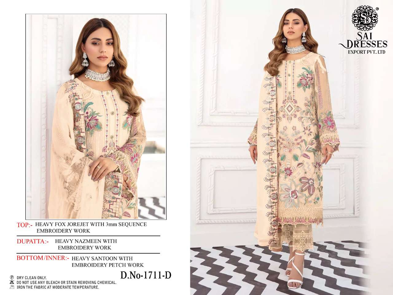 SAI DRESSES PRESENT D.NO 1711 A TO 1711 D FESTIVE WEAR EMBROIDERED PAKISTANI DESIGNER SUITS IN WHOLESALE RATE IN SURAT