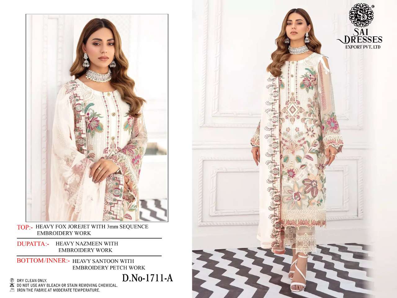 SAI DRESSES PRESENT D.NO 1711 A TO 1711 D FESTIVE WEAR EMBROIDERED PAKISTANI DESIGNER SUITS IN WHOLESALE RATE IN SURAT