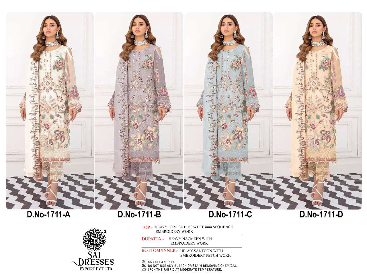 SAI DRESSES PRESENT D.NO 1711 A TO 1711 D FESTIVE WEAR EMBROIDERED PAKISTANI DESIGNER SUITS IN WHOLESALE RATE IN SURAT