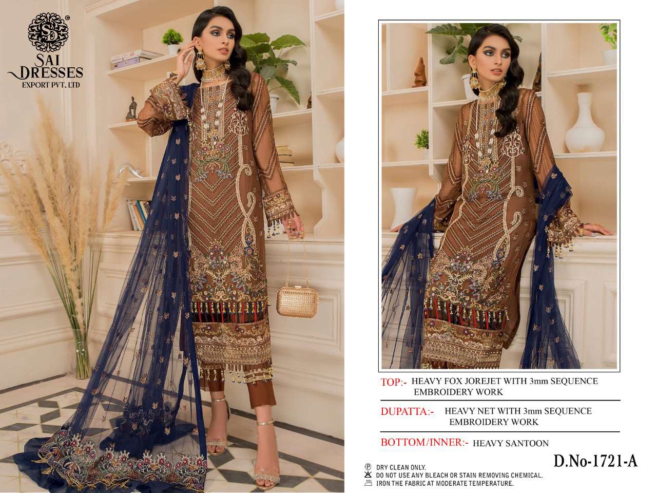 SAI DRESSES PRESENT D.NO 1721 A TO 1721 D FESTIVE WEAR EMBROIDERED PAKISTANI DESIGNER SUITS IN WHOLESALE RATE IN SURAT