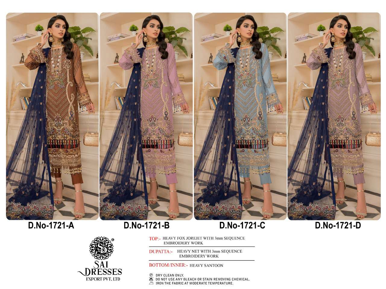 SAI DRESSES PRESENT D.NO 1721 A TO 1721 D FESTIVE WEAR EMBROIDERED PAKISTANI DESIGNER SUITS IN WHOLESALE RATE IN SURAT