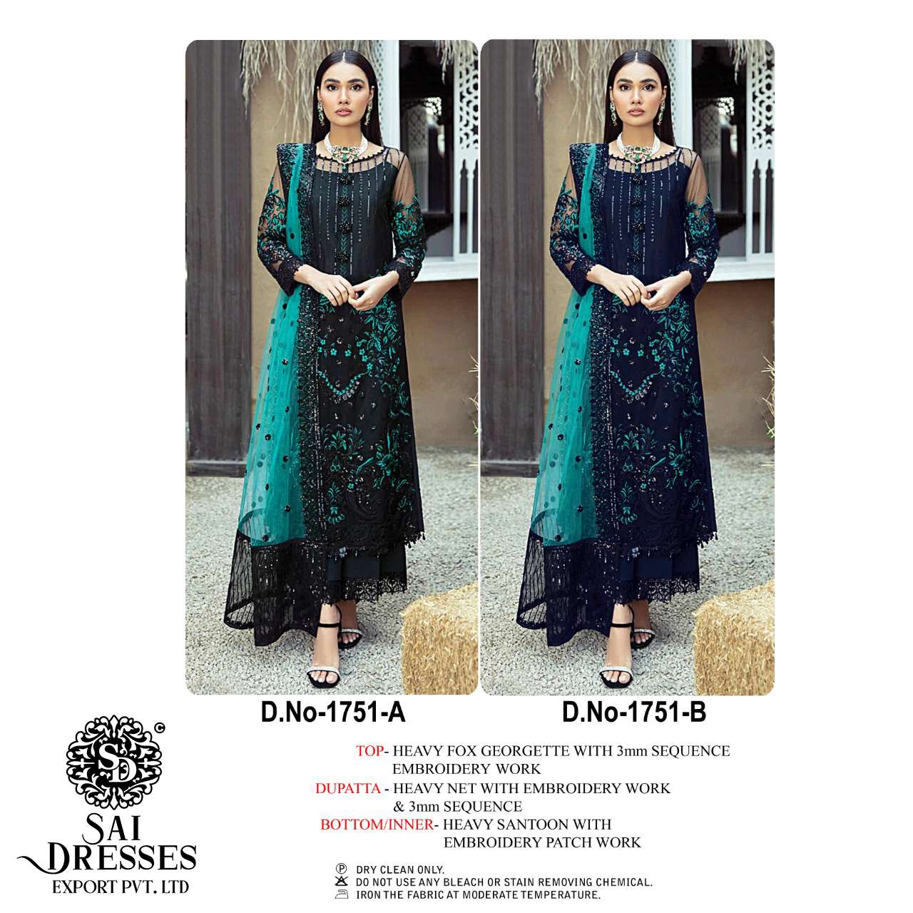 SAI DRESSES PRESENT D.NO 1751 A TO 1751 B PARTY WEAR EMBROIDERED PAKISTANI DESIGNER SUITS IN WHOLESALE RATE IN SURAT