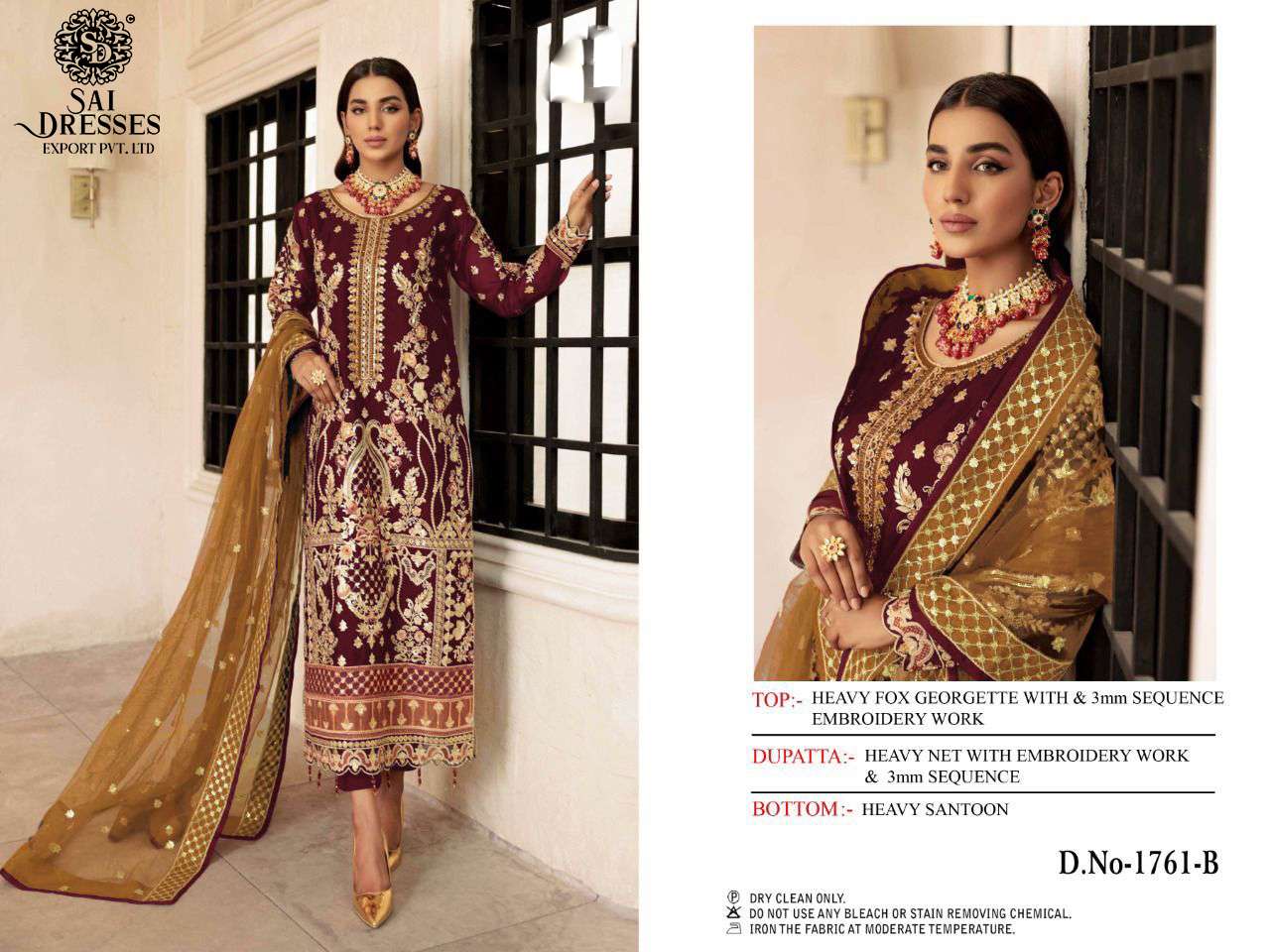SAI DRESSES PRESENT D.NO 1761 A TO 1761 D WEDDING WEAR EMBROIDERED PAKISTANI DESIGNER SUITS IN WHOLESALE RATE IN SURAT