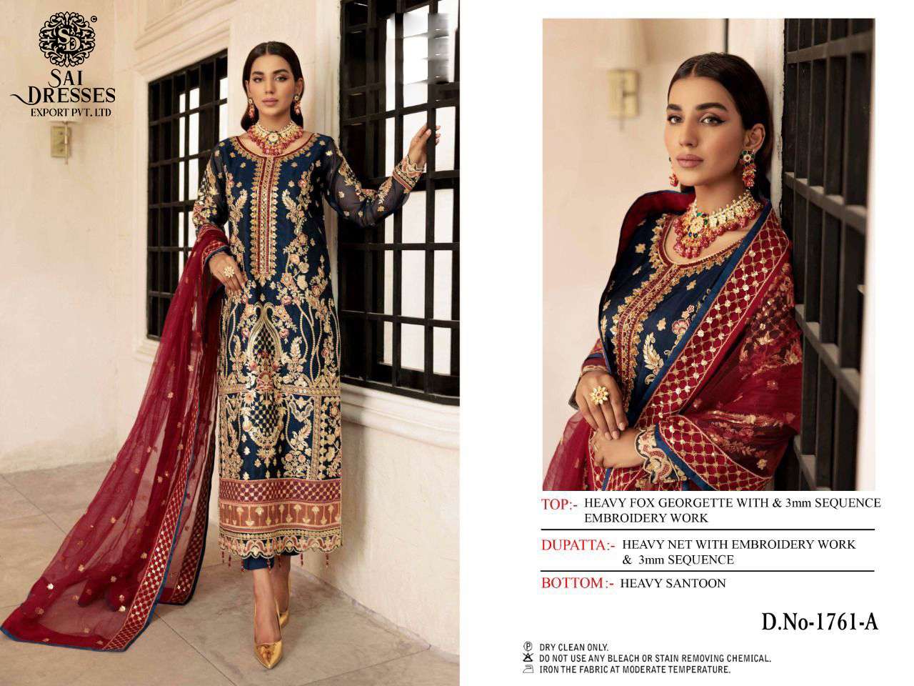 SAI DRESSES PRESENT D.NO 1761 A TO 1761 D WEDDING WEAR EMBROIDERED PAKISTANI DESIGNER SUITS IN WHOLESALE RATE IN SURAT