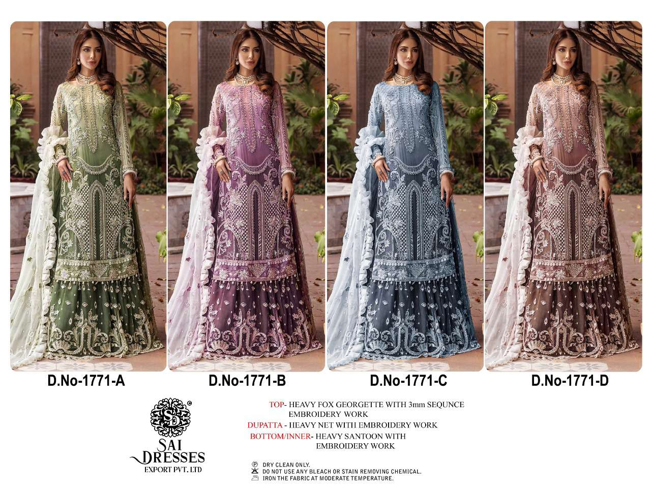 SAI DRESSES PRESENT D.NO 1771 A TO 1771 D WEDDING WEAR EMBROIDERED PAKISTANI DESIGNER SUITS IN WHOLESALE RATE IN SURAT