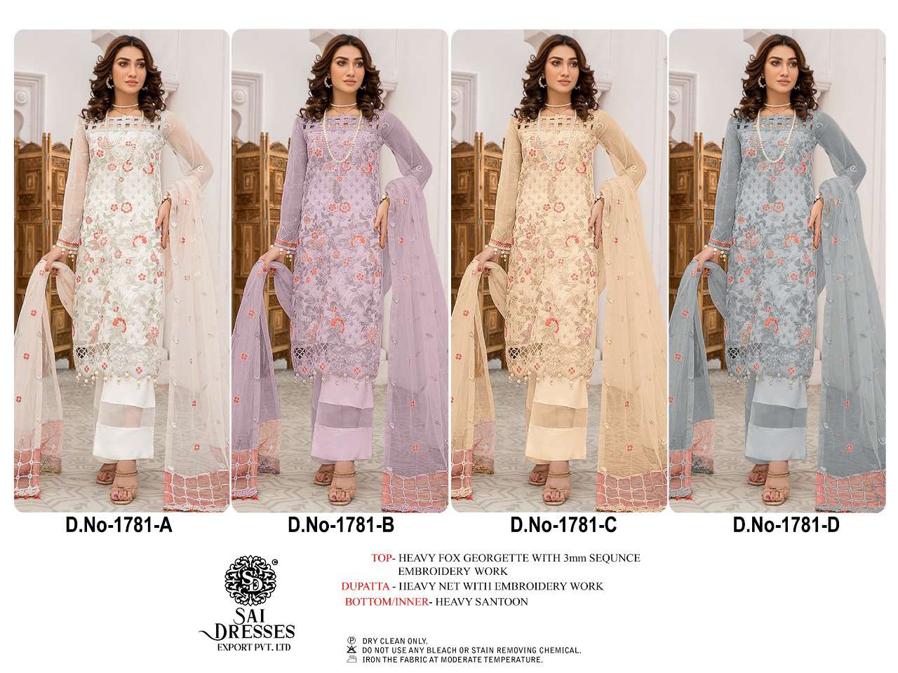 SAI DRESSES PRESENT D.NO 1781 A TO 1781 D FESTIVE WEAR EMBROIDERED PAKISTANI DESIGNER SUITS IN WHOLESALE RATE IN SURAT