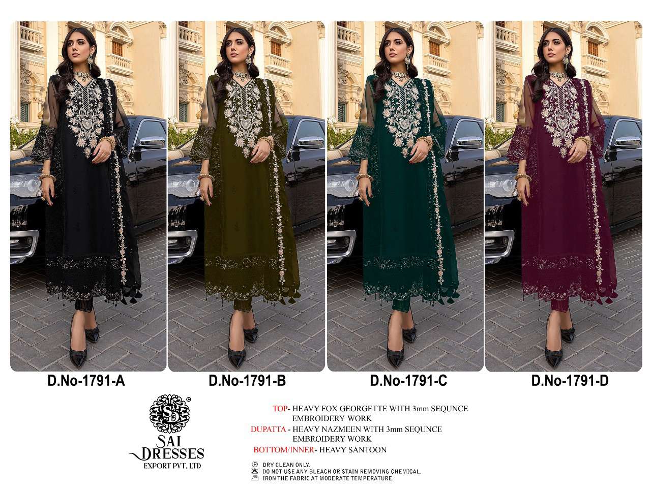 SAI DRESSES PRESENT D.NO 1791 A TO 1791 D PARTY WEAR EMBROIDERED PAKISTANI DESIGNER SUITS IN WHOLESALE RATE IN SURAT
