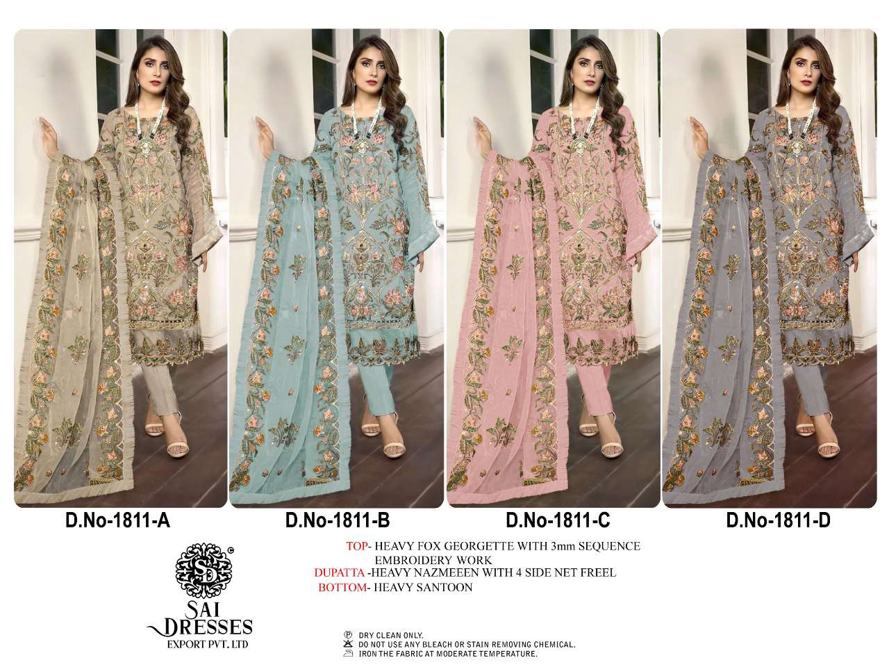 SAI DRESSES PRESENT D.NO 1811 A TO 1811 D FESTIVE WEAR EMBROIDERED PAKISTANI DESIGNER SUITS IN WHOLESALE RATE IN SURAT