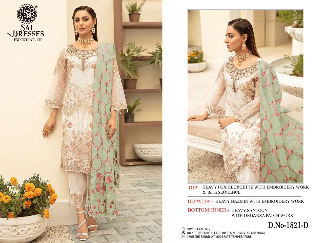 SAI DRESSES PRESENT D.NO 1821 A TO 1821 D FESTIVE WEAR EMBROIDERED PAKISTANI DESIGNER SUITS IN WHOLESALE RATE IN SURAT