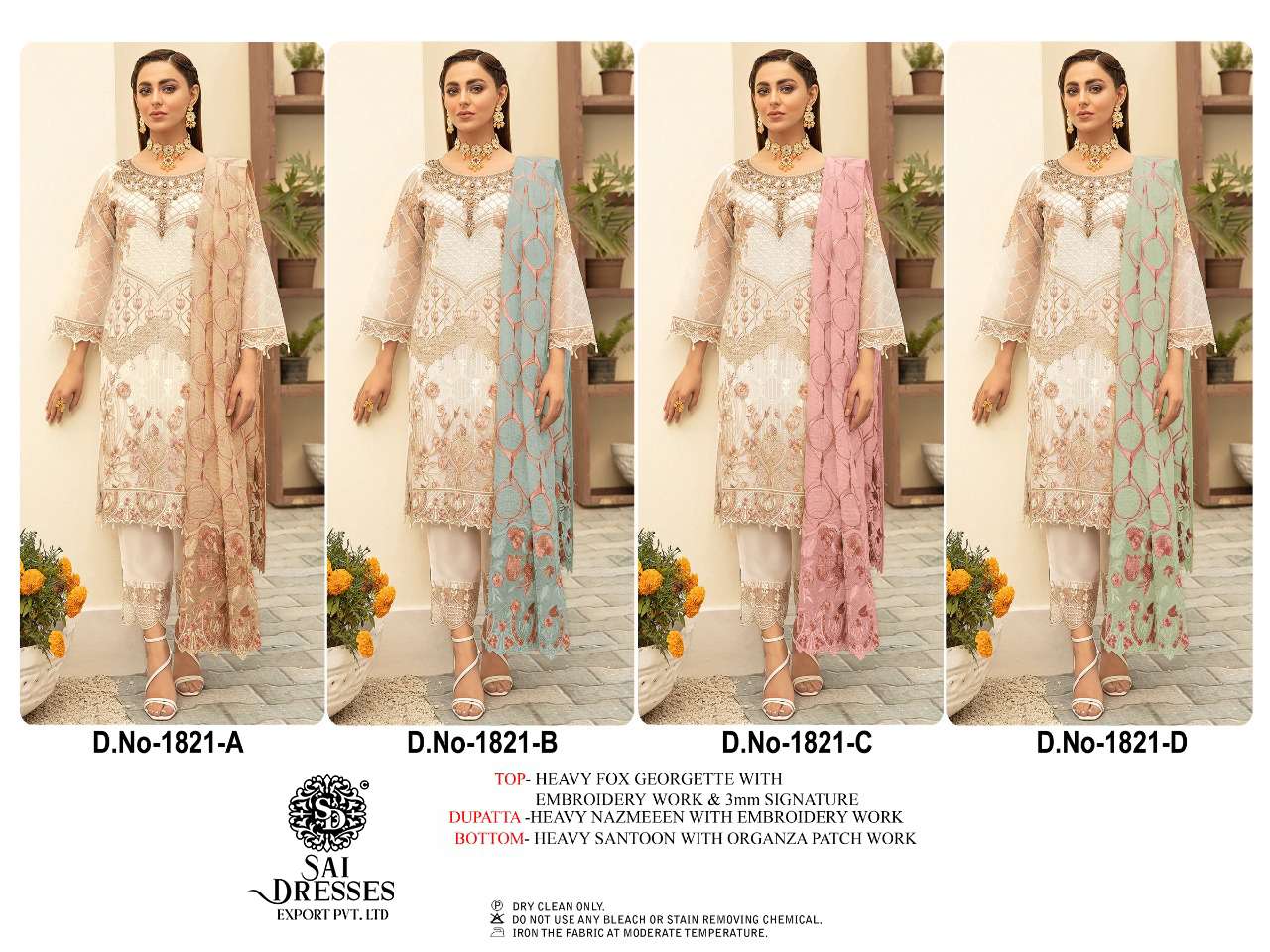 SAI DRESSES PRESENT D.NO 1821 A TO 1821 D FESTIVE WEAR EMBROIDERED PAKISTANI DESIGNER SUITS IN WHOLESALE RATE IN SURAT
