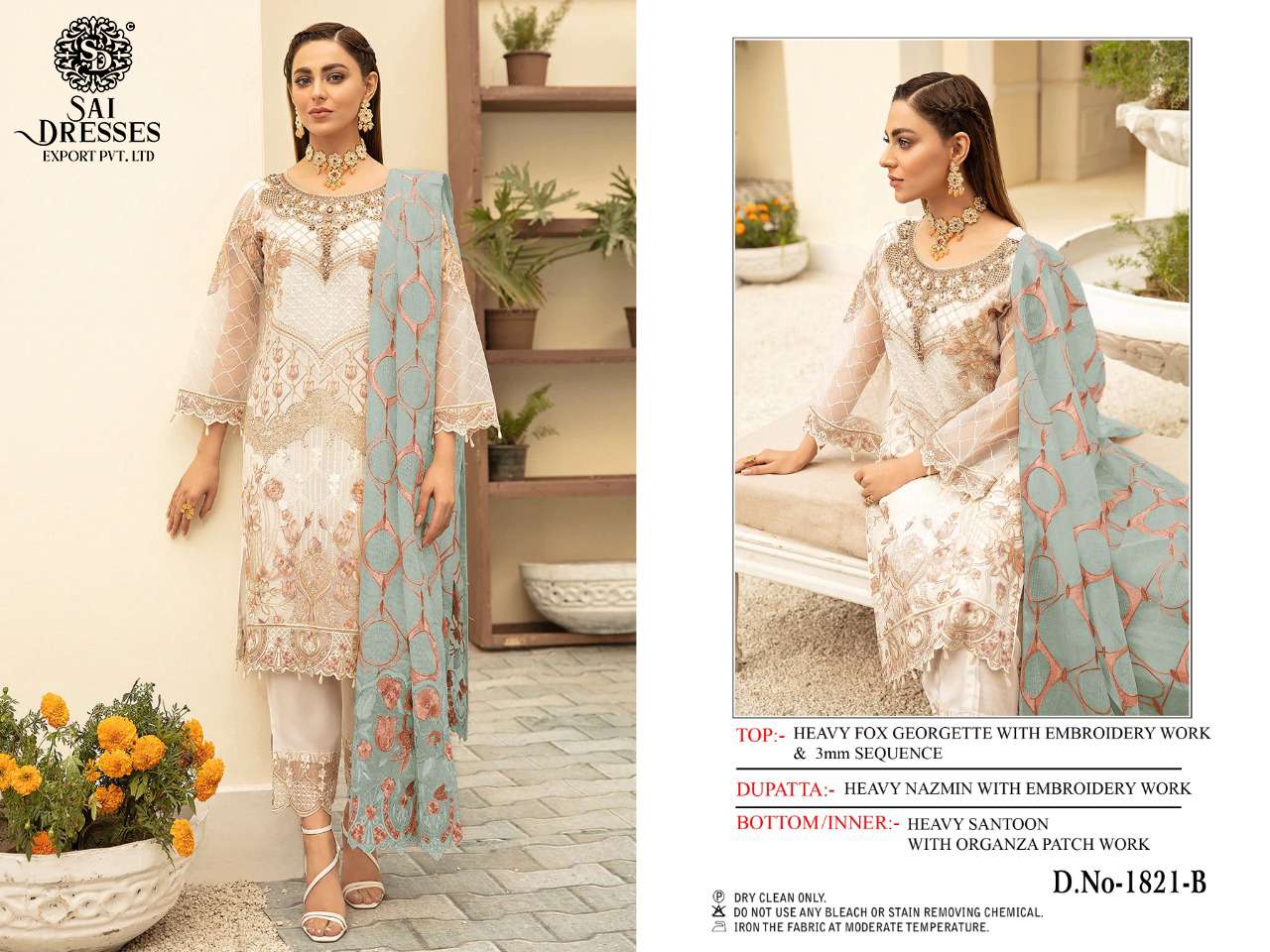 SAI DRESSES PRESENT D.NO 1821 A TO 1821 D FESTIVE WEAR EMBROIDERED PAKISTANI DESIGNER SUITS IN WHOLESALE RATE IN SURAT