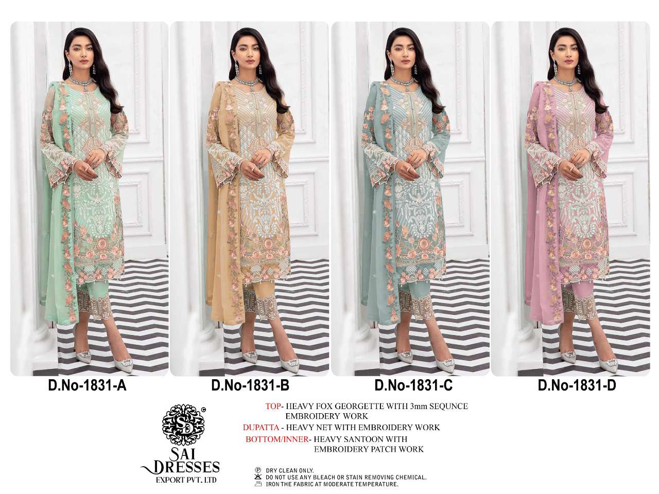 SAI DRESSES PRESENT D.NO 1831 A TO 1831 D FESTIVE WEAR EMBROIDERED PAKISTANI DESIGNER SUITS IN WHOLESALE RATE IN SURAT