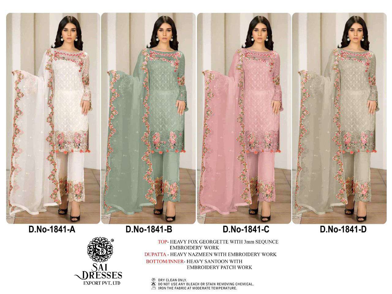 SAI DRESSES PRESENT D.NO 1841 A TO 1841 D PARTY WEAR EMBROIDERED PAKISTANI DESIGNER SUITS IN WHOLESALE RATE IN SURAT