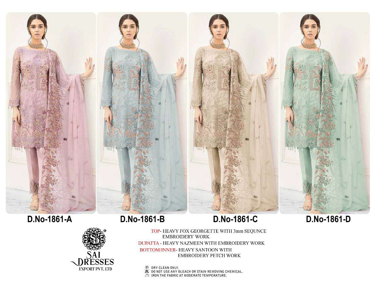 SAI DRESSES PRESENT D.NO 1841 A TO 1841 D WEDDING WEAR EMBROIDERED PAKISTANI DESIGNER SUITS IN WHOLESALE RATE IN SURAT