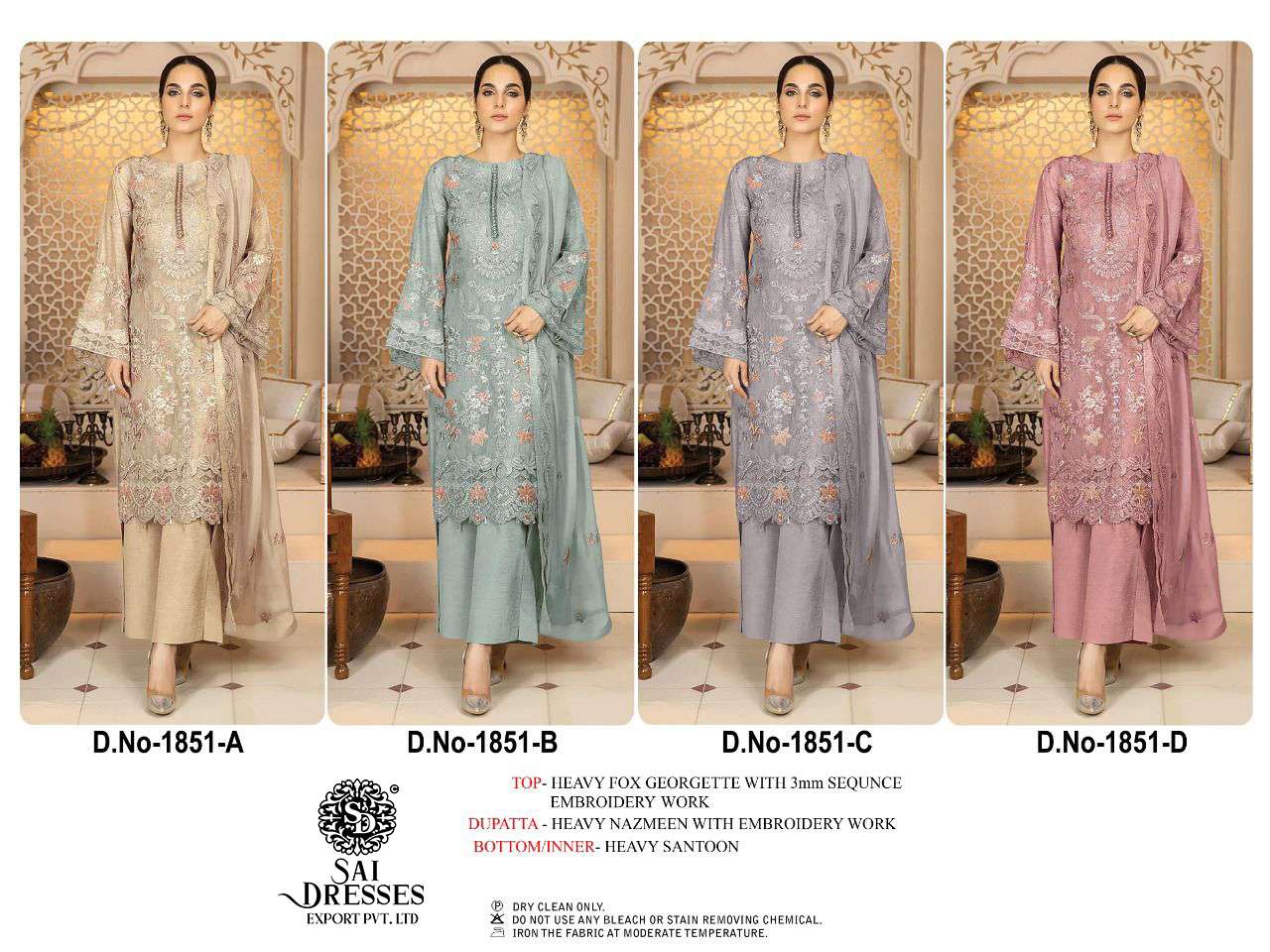 SAI DRESSES PRESENT D.NO 1851 A TO 1851 D PARTY WEAR EMBROIDERED PAKISTANI DESIGNER SUITS IN WHOLESALE RATE IN SURAT
